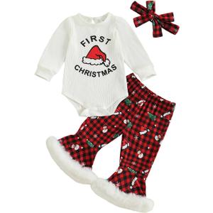 Baby Girl My 1st Christmas Outfits Letter Long Sleeve Romper Tops+Bell Bottom Pants+Headband 3 Pcs Clothes Set (6-12 Months, X- White Plaid Red)