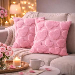 Valentines Pillow Covers 18x18 inch Set of 2 Valentines Day Decoration Pink Heart Soft Plush Faux Fur Jacquard Throw Pillows for Bedroom Sofa Holiday Festivals Home Decor