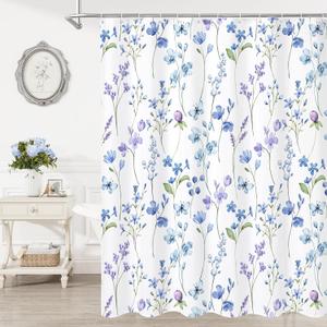 Litabel Extra Long Shower Curtain 72 x 84, Watercolor Floral Fabric Shower Curtain for Decorative Bathroom, Blue Butterfly Flower Waterproof Shower Curtain Set