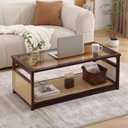 Welnow Rattan Coffee Tables for Living Room, Modern 2-Tier Coffee Table, Mid Century Rectangle Coffee Table with Storage Shelf & Glass Top, Large Boho Center Table for Apartment, Walnut, 42.5" X 20.8" X 16.5"