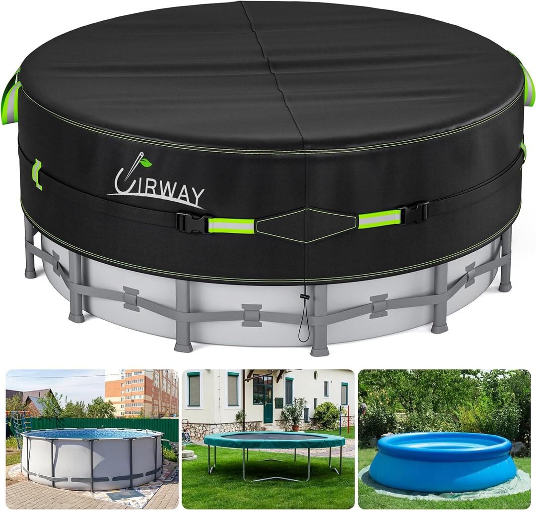 UIRWAY 14 Ft Round Pool Cover with Reflective Strips, Swimming Pool Cover for Above Ground Pools, Solar Cover Including Rope Tie and Luminous Ground Nails, PU Tarp Snug Fit for UV Protected