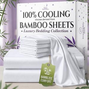 SLEEP SANCTUARY 100% Viscose Derived from Bamboo Sheets Queen Size 6pcs  BamBliss Luxury Cooling Sheets for Hot Sleepers - Cloud Soft, 17" Deep Pocket, Ultra Durable Bed Set (White)
