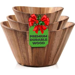 Woodenhouse Wooden Salad Bowl Set, Salad Bowls Set of 3 - Wavy Design Salad Bowl Set for Serving, Handmade, Durable and Stylish Natural Wood Dining Accessory