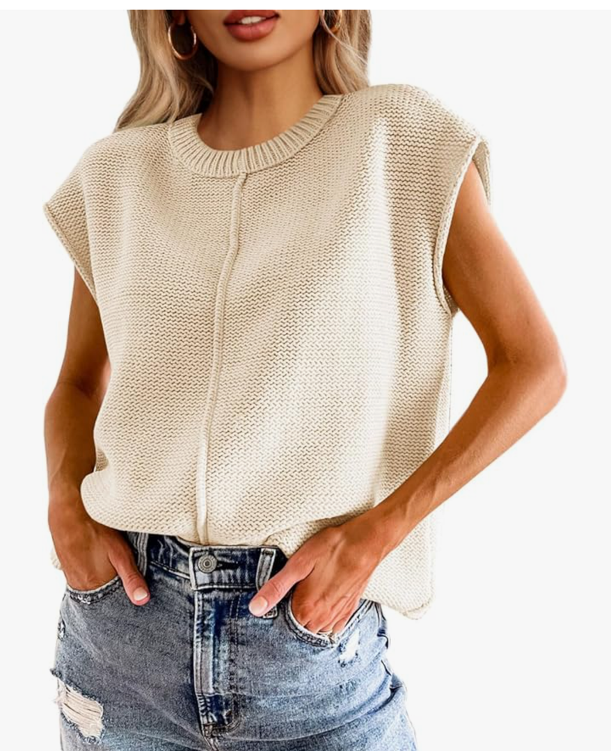Saodimallsu Womens Summer Cap Sleeve Tops Casual Crew Neck Loose Fit Knit Lightweight Sweater Pullover Top S