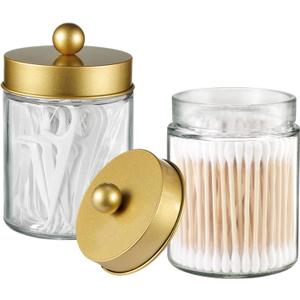 Komashr Apothecary Jar Canisters Bathroom Vanity Organizer - Qtip Holder Storage Organizer Countertop -Stainless Steel Lids &Cute Stickers for Qtips,Cotton Swabs,Makeup Sponges,Floss(2 Pack) (Gold)