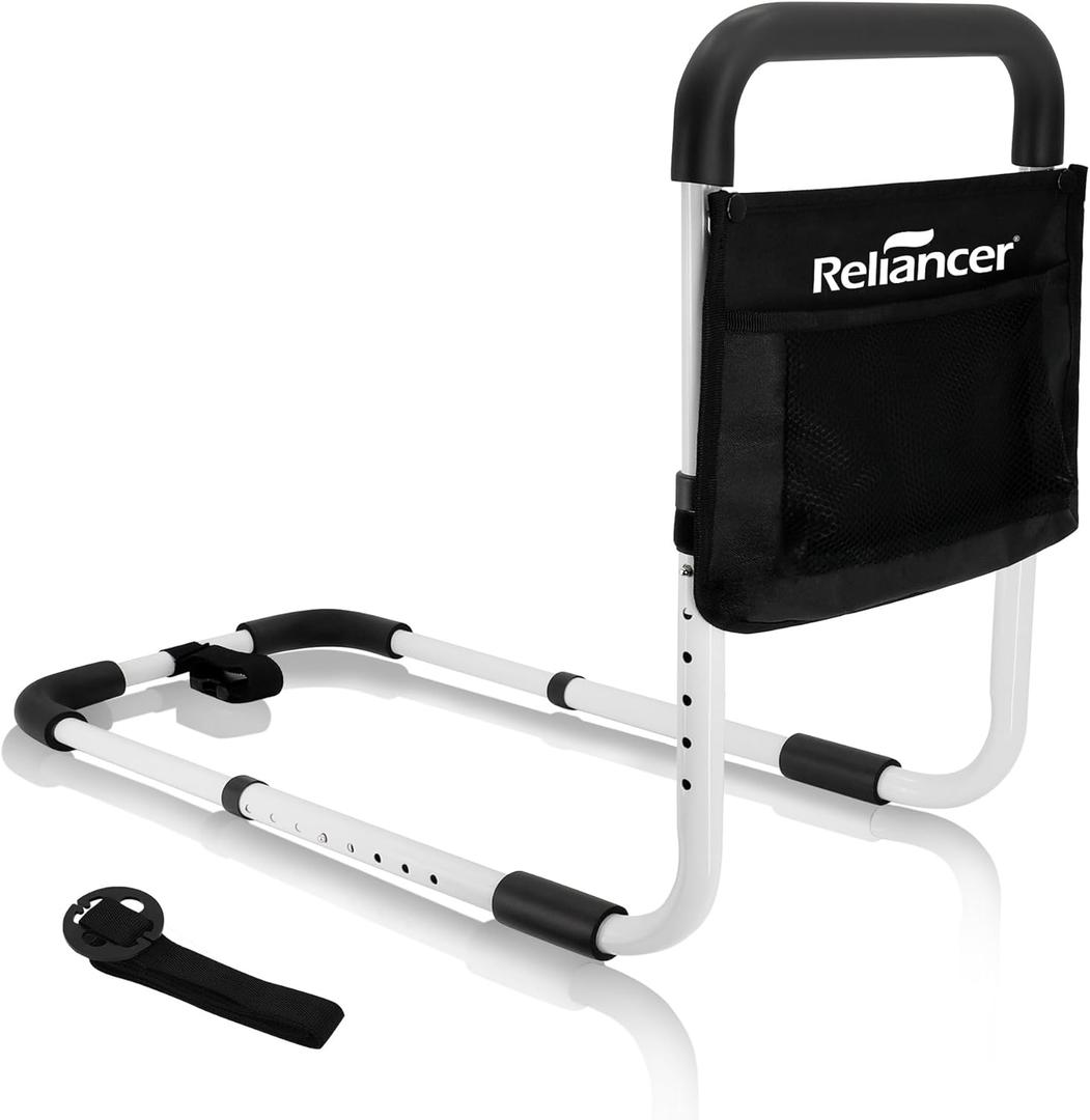RELIANCER Bed Safety Rail for Elderly Adult,Adjustable Bedside Assist Grab Bar w/Storage Pocket,Bed Side Support Railing for Seniors,Fall Prevent Bedside Handle Bar,Bedside Assist Guard Rails Bed Cane