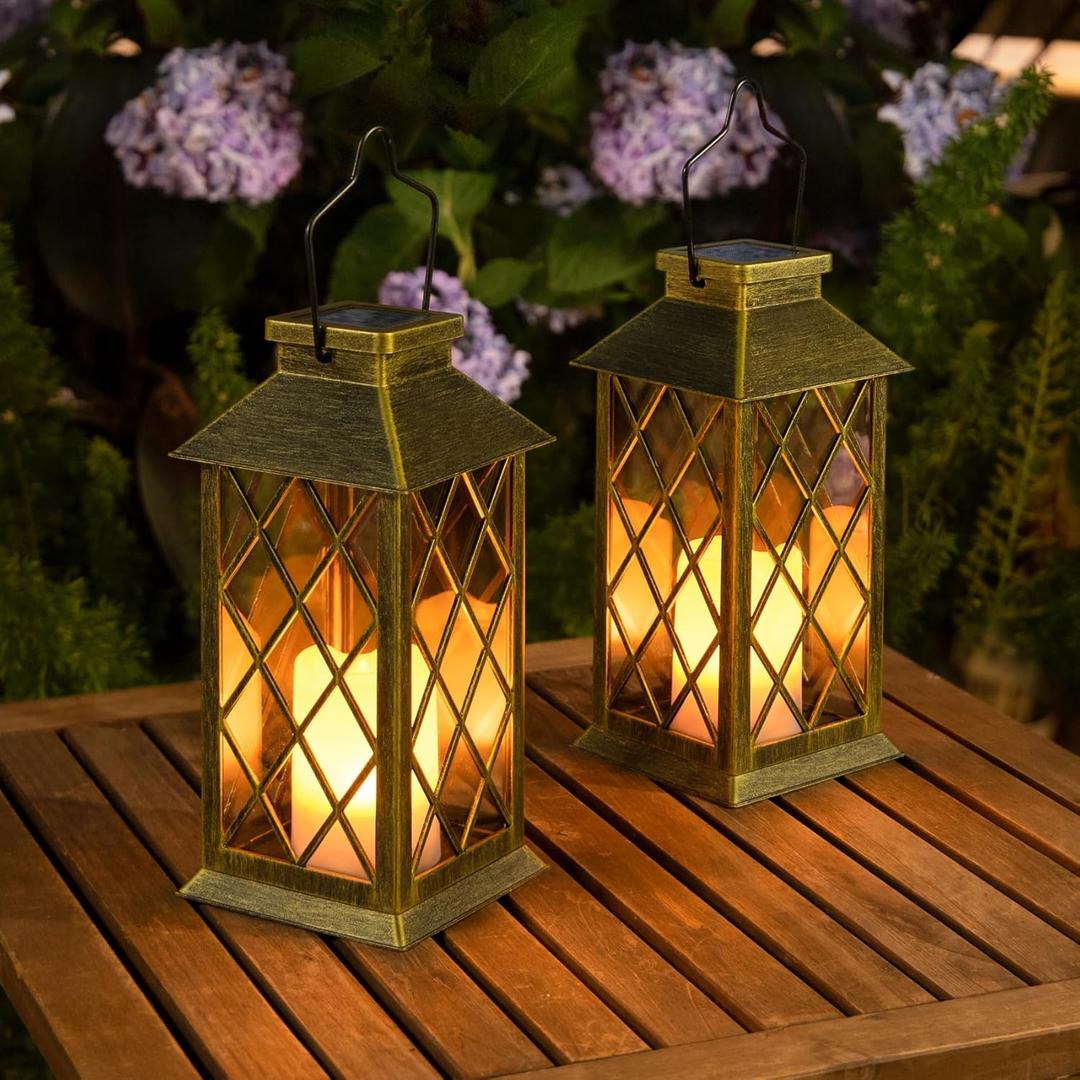 2Pack 10" Outdoor Solar Lanterns Waterproof Garden Patio Lantern Lights Flickering Candle Mission for Outside, Party, Yard, Lawn, Mothers Day Gifts Garden Gifts for Mom Women (Antique Green Bronze)