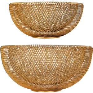 IBWell Metal Wire Woven Fruit Storage Bowl Basket for Kitchen, Large Black Mesh Fruit Stand, for Apple, Pineapple, Banana, Orange, Lemon, Pear, Strawberry, Watermelon (Gold, Normal & Large)