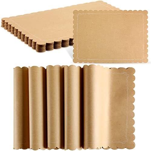 200 Pcs Disposable Brown Kraft Paper Place Mats Paper Placemat Disposable Rectangle Rustic Craft Printed Scalloped Place Mat Kraft Brown Placemat for Wedding Anniversary Party Kitchen (10 x 14 Inch)