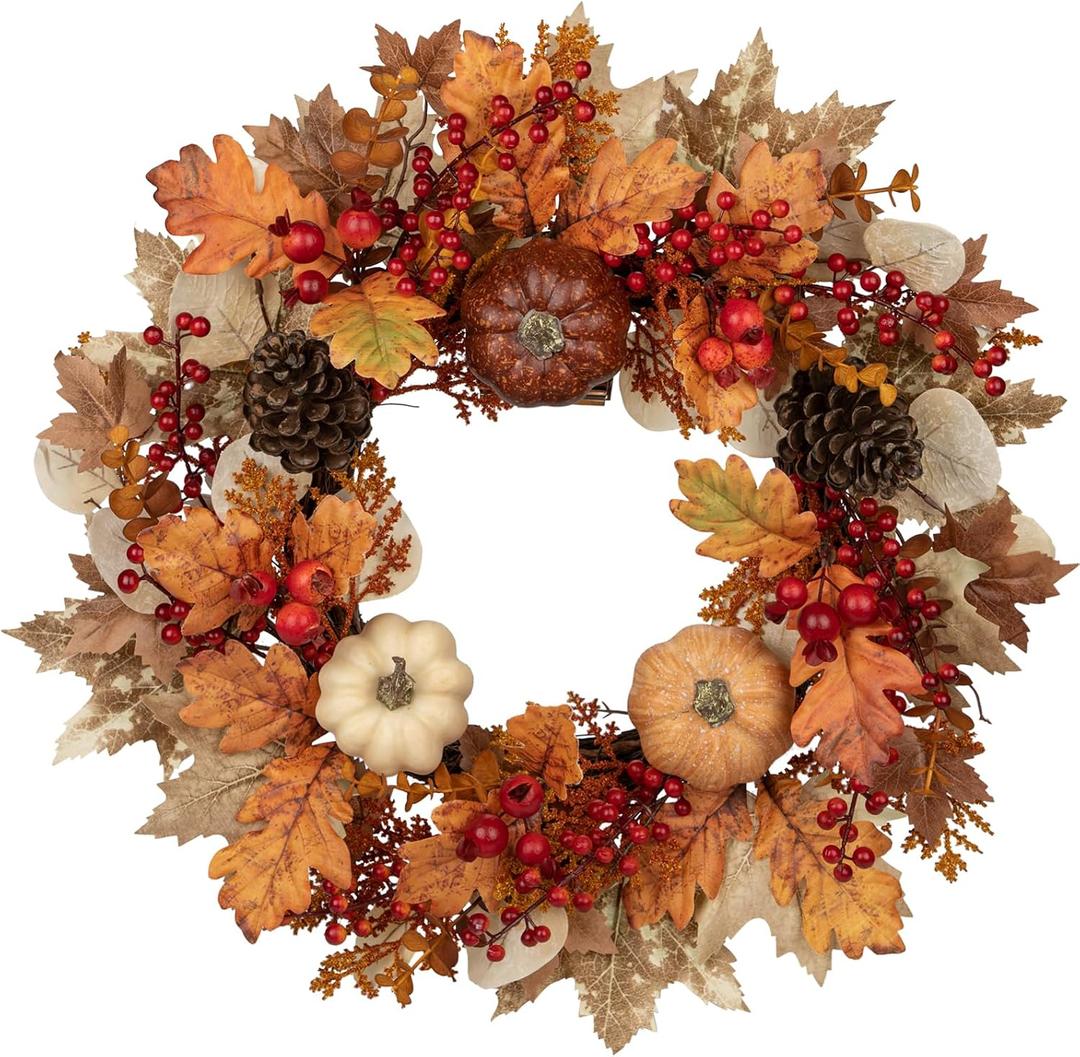 22" Artificial Fall Wreath for Front Door Autumn Harvest Wreath with Pumpkin Oak Maple Leaf Pine Cones Eucalyptus Berry for Halloween Thanksgiving Day Indoor Outdoor Farmhouse Window Wall Décor