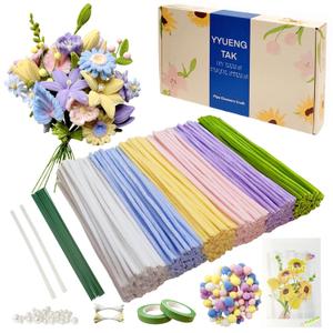 YYUENGTAK 500 Pcs Pipe Cleaner Flower kit with tutoria,Pipe Cleaners Craft(6 Colors)Chenille Stems Flowers Craft kit with 20 pcs Green Floral Wires,Gardening Tape,Stamen(2 Colors),Pearl Beads,pompoms