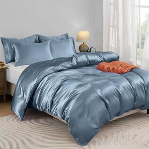 Horbaunal 6 Pieces Satin Duvet Cover Set Queen/Full Size Dusty Blue Duvet Cover with Corner Ties & Zipper Closure, Luxury & Silky Bedding Set, 1 Bed Cover, 1 Duvet Cover and 4 Pillowcases (No Comforter)