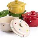AVLA 4 Pack Porcelain Ramekins, 9 OZ Mini Casserole Bowl with Lid and Handle, Ceramic Souffle Soup Creme Brulee Bowls, Oven Safe, Mini Casserole Dish (Polka Dot, Assorted Color)