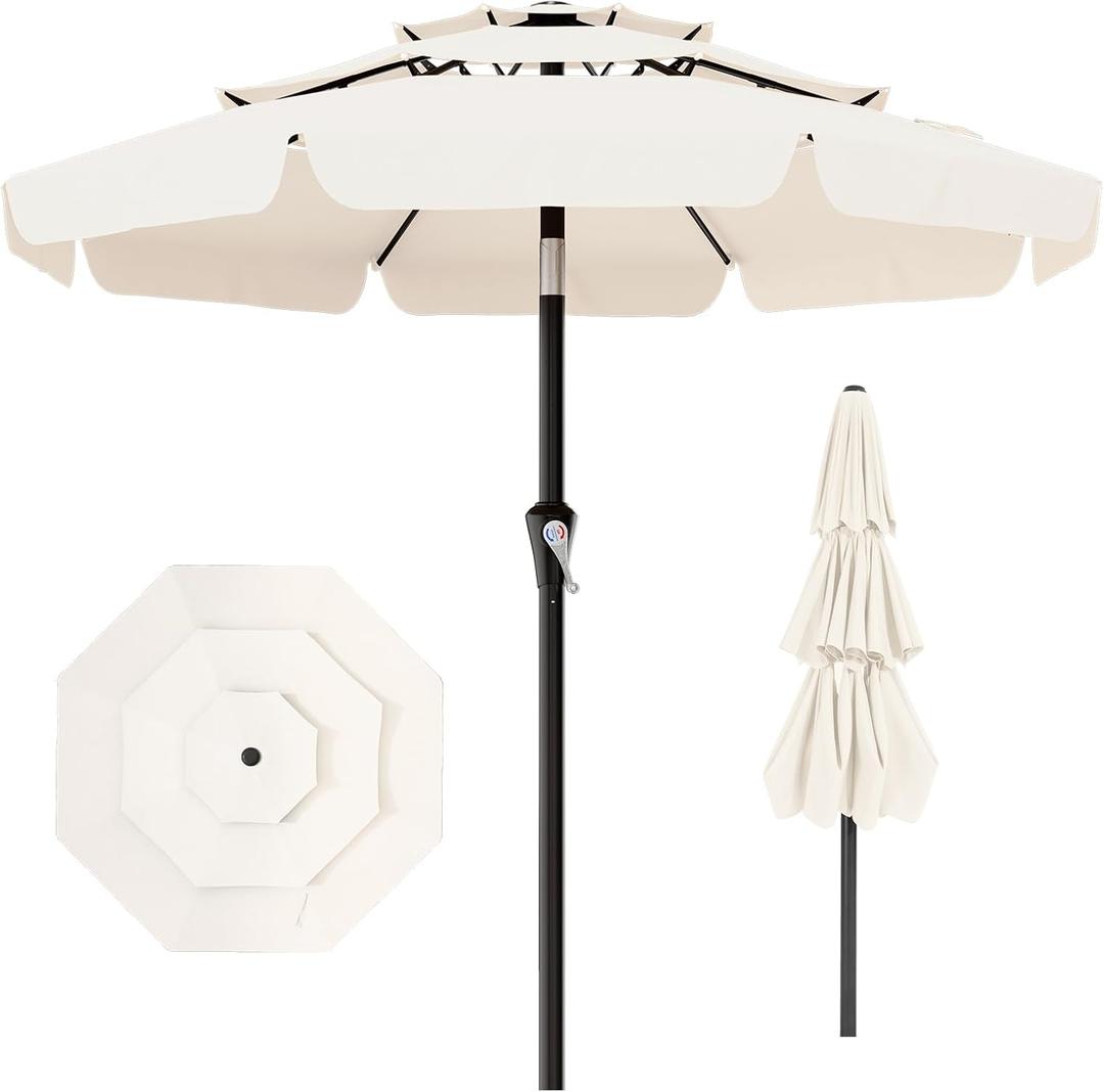 AreShark 10FT 3-Tiers Patio Umbrella with Valance, Outdoor Umbrellas with Crank/Tilt, Table Market Umbrella Vented w/ 8 Sturdy Ribs for Garden, Deck, Backyard, and Pool, Cream White