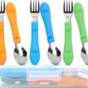6PCS Toddler Utensils, 316 Stainless Steel Baby Safe Forks + Spoons with Silicone Handle, BPA Free Dishwasher Safe Kids Silverware Cutlery with Box, Bright Orange/Blue/Green (2 Piece Set (Fork, Spoon) - Set of 3)