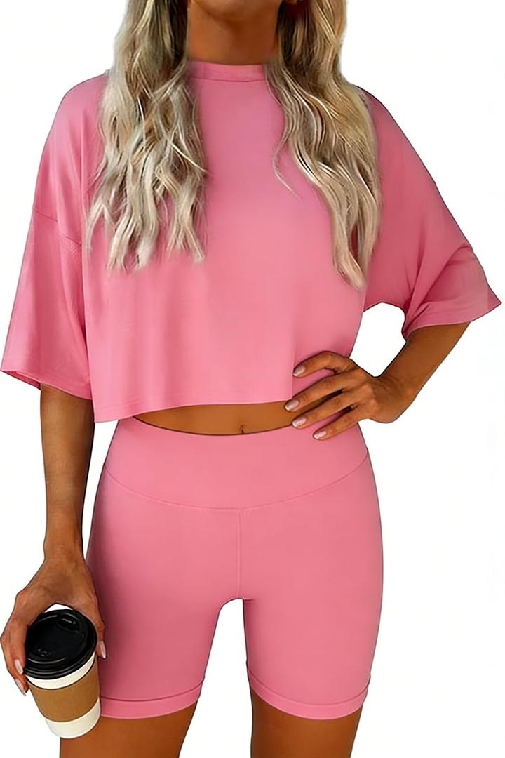 Jenisso Women 2 Piece Lounge Set 2026 Summer Short Sleeve Crop Tops Shirts Matching Shorts Travel Outfit Clothes (Pink, XL)