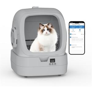 Automatic Cat Litter Box Self Cleaning - APP Control and Weight Monitoring - Ultra-Quiet, Suitable for Medium Cats and Kittens, Safe Anti-Pinch Litter Box (Assembly Required) - Light Grey