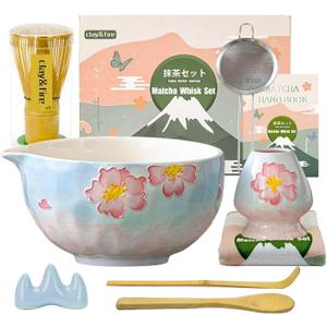 Clay&Fire Matcha Whisk Set9 Pcs Ceramic Matcha Set, 15 OZ Matcha Bowl with Spout and WhiskMatcha Kit for Friend, Ideal Gift for Matcha LoverCherry Bloom