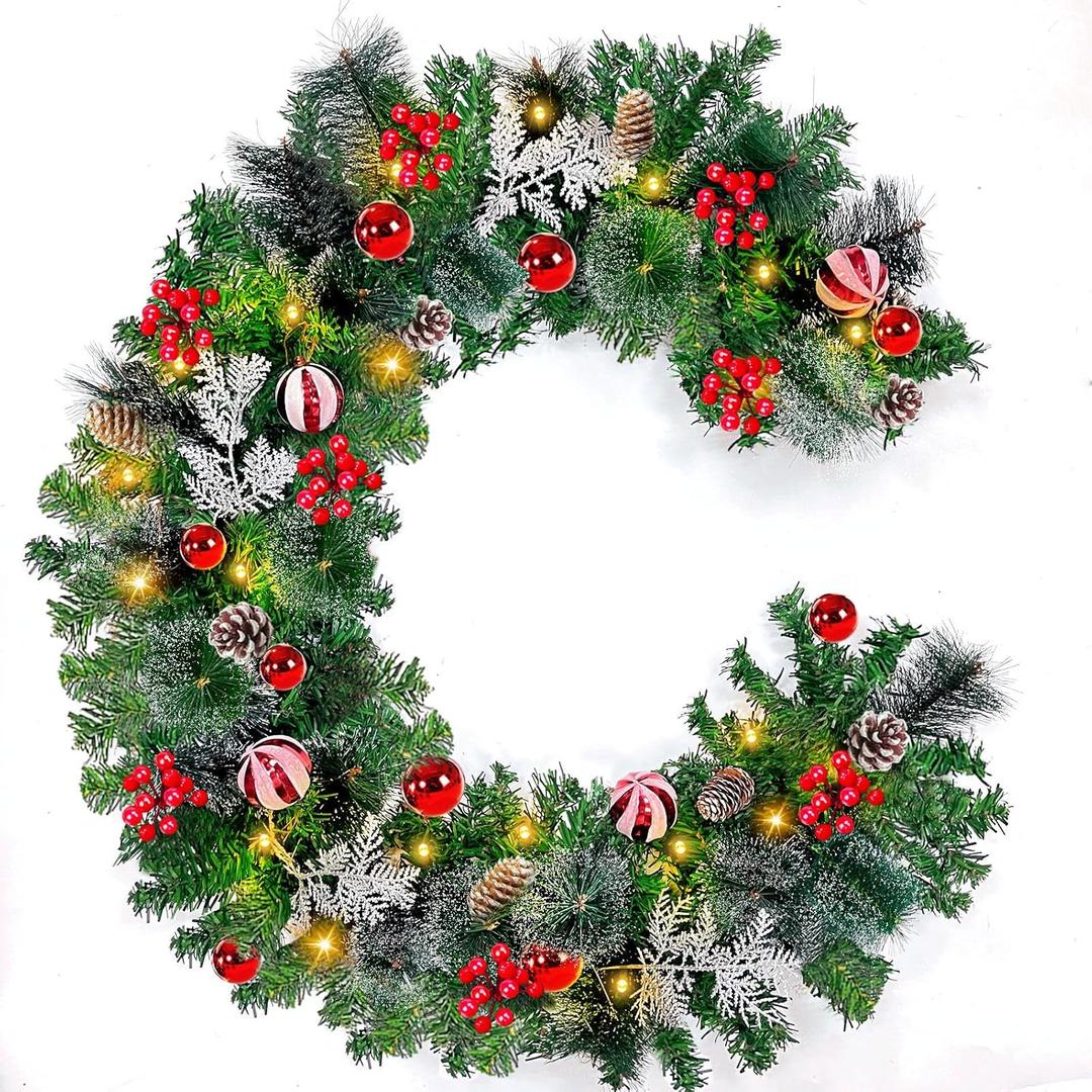 6 Ft by 10 Inch Prelit Christmas Garland with 30 Lights Timer 150 Snowy Bristle Pine, 9 Ball Ornaments, 8 Pinecones,56 Red Berries, 3 Cypress Leaves Battery Operated Xmas Decor for Home Indoor Mantle