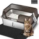 Suhaco Medium Stainless Steel Litter Box Side Entry High Sides Deep Metal Cat Litter Boxes with Lid Low Entry Litter Mat and Scoop Litter Pan (Black)