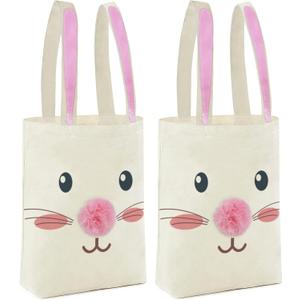 ATFUNSHOP Easter Canvas Tote Bag for Kids Reusable Easter Bunny Bags Baskets for Easter Egg Hunt