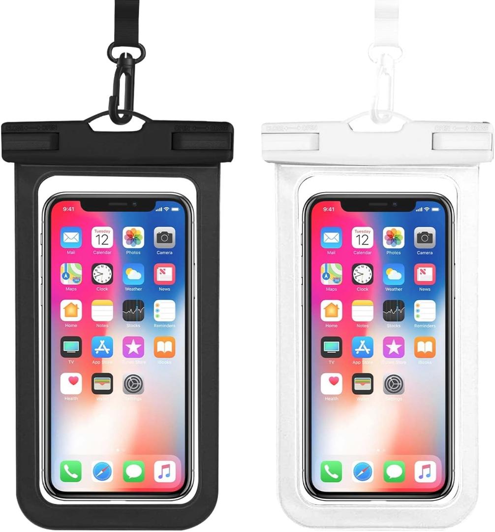 Waterproof Phone Pouch, IPX8 Cell Phone Case for iPhone 15 14 13 Pro Max Plus Galaxy S22 S23 up to 7" Essential Dry Bag for Beach Cruise Ship, 2 Pack(Black+White)