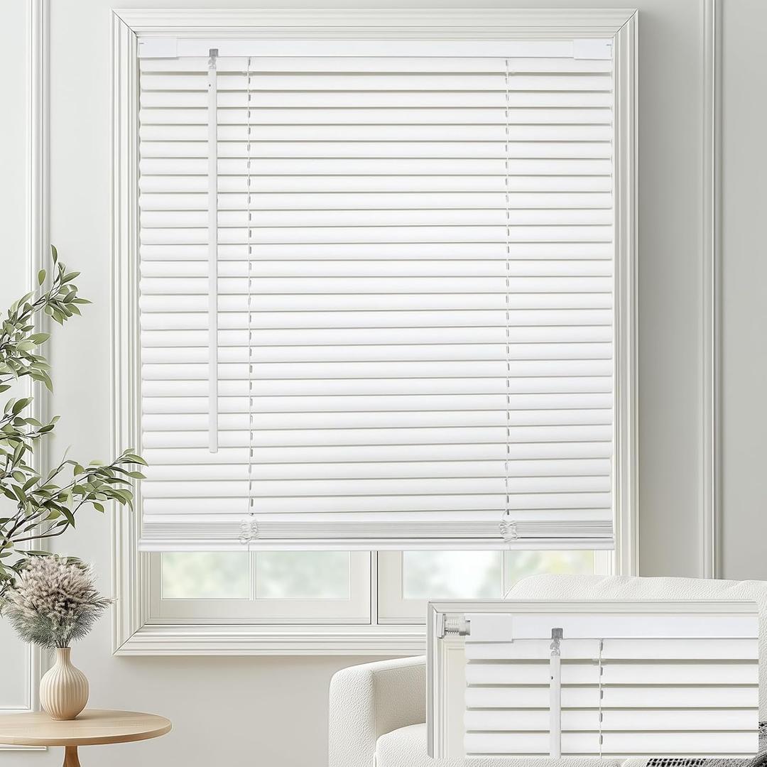 No-Drill Cordless Horizontal Mini Blinds – 47.5" W x 64" H Tool-Free Inside Mount Window Blinds with 1" Vinyl Slats, Light Filtering & Privacy, Child & Pet Safe, White