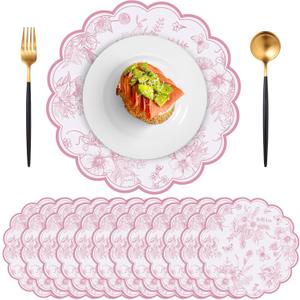 60 Pcs Pink Floral Paper Placemats, 13.5 Inch Disposable Scalloped Table Mats Wedding Placemats, Vintage Floral Banquet Place Mats for Table Setting Mother's Day Anniversay Wedding Bridal Tea Party