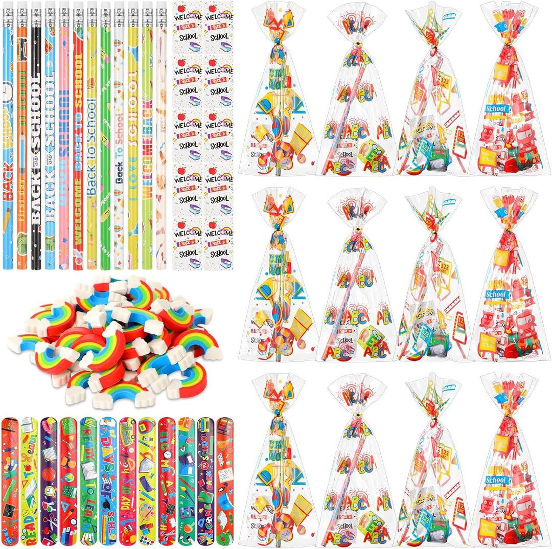 Sabary 147 Pcs Back to School Stationery Party Favor Bulk Pack with Pencil Eraser Slap Bracelets Cards Treat Bags for Kids Classroom Gift Exchange School Prizes Reward Carnival Events