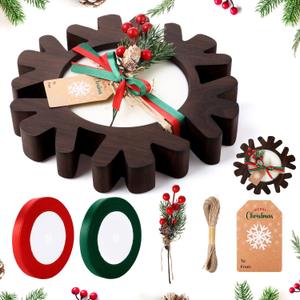 1 Set Wooden Christmas Bowl Candle Gifts 14oz Large Rustic Wood Christmas Dough Bowl Candle with Berries Pine Label for Xmas Farmhouse Table Centerpiece Decor, 11.81 x 9.84 in(Snowflake)