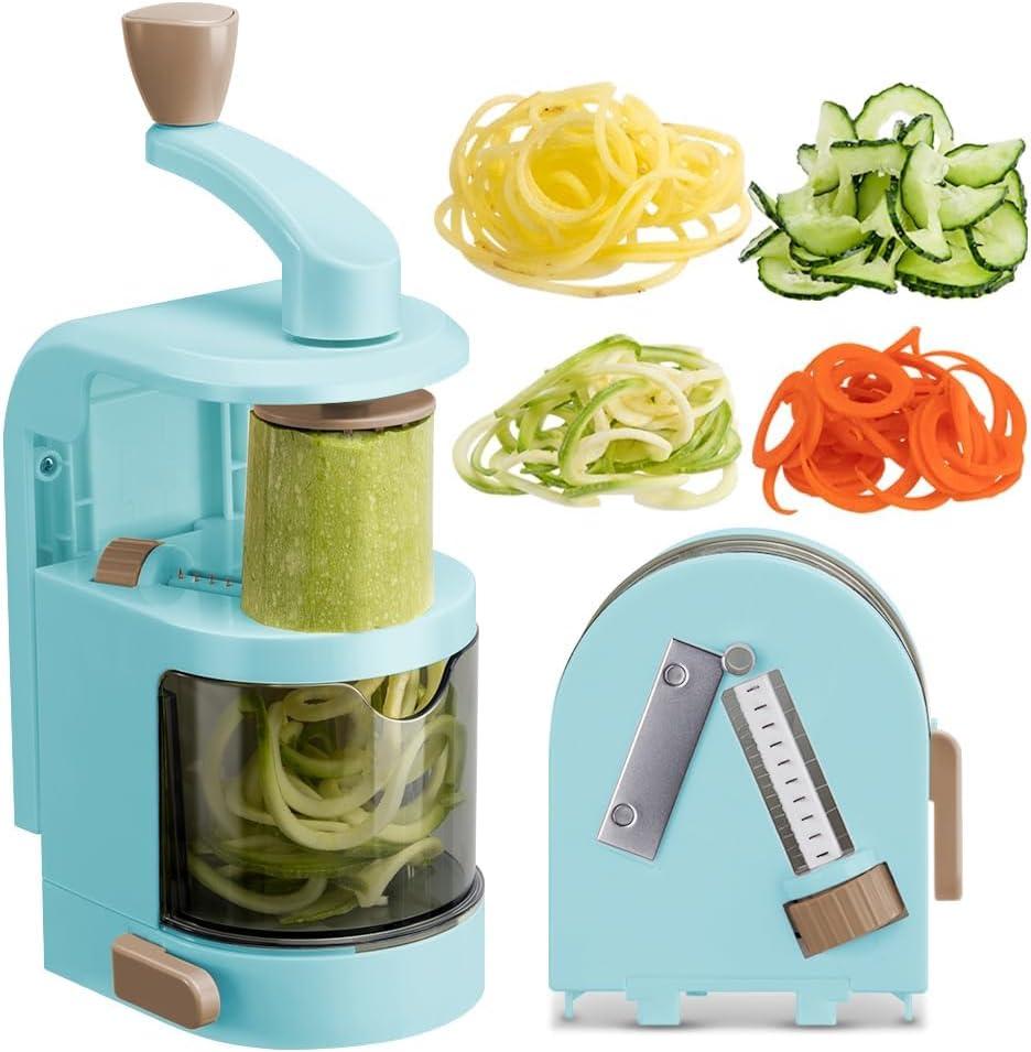 Vegetable Spiralizer 4in1 Rotating Blade Veggie Spiralizer Zucchini Noodle Maker with Strong Suction Cup Spiral Vegetable Cutter Slicer (Blue)