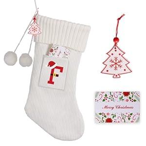 K-MLICE Christmas Stocking 18 Inches Large Knit Christmas Stockings Monogram Initial Personalized Christmas Stockings for Family Xmas Home Decor White Red Green Tree Fireplace Ornaments White F