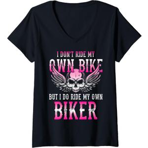 Womens I Dont Ride My Own Bike But I Ride My Own Biker Motorcycle V-Neck T-Shirt (Small, Black)