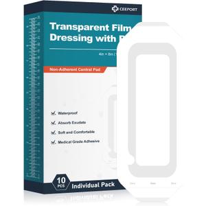 Ceeport Waterproof Transparent Film Dressing with Pad 10 Pack, 4"x8" Large Bandages Adhesive Patches, Wound Cover Patches for Post Surgical, IV Shield, Tattoo Aftercare Bandage