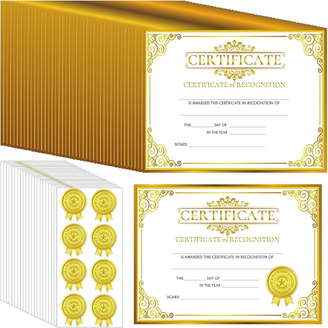 Yeaqee 200 Pcs Certificate of Recognition Certificate Paper with Gold Sticker Seals Pre Printed Award for Graduation Diploma Achievements Students Teachers Employees Gift, 8.7 x 11 Inch