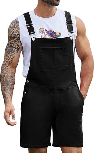 Bindefon Black Overalls for Men Jeans Shorts Romper Jumpsuit Denim Bibs Coveralls(Black,2XL)