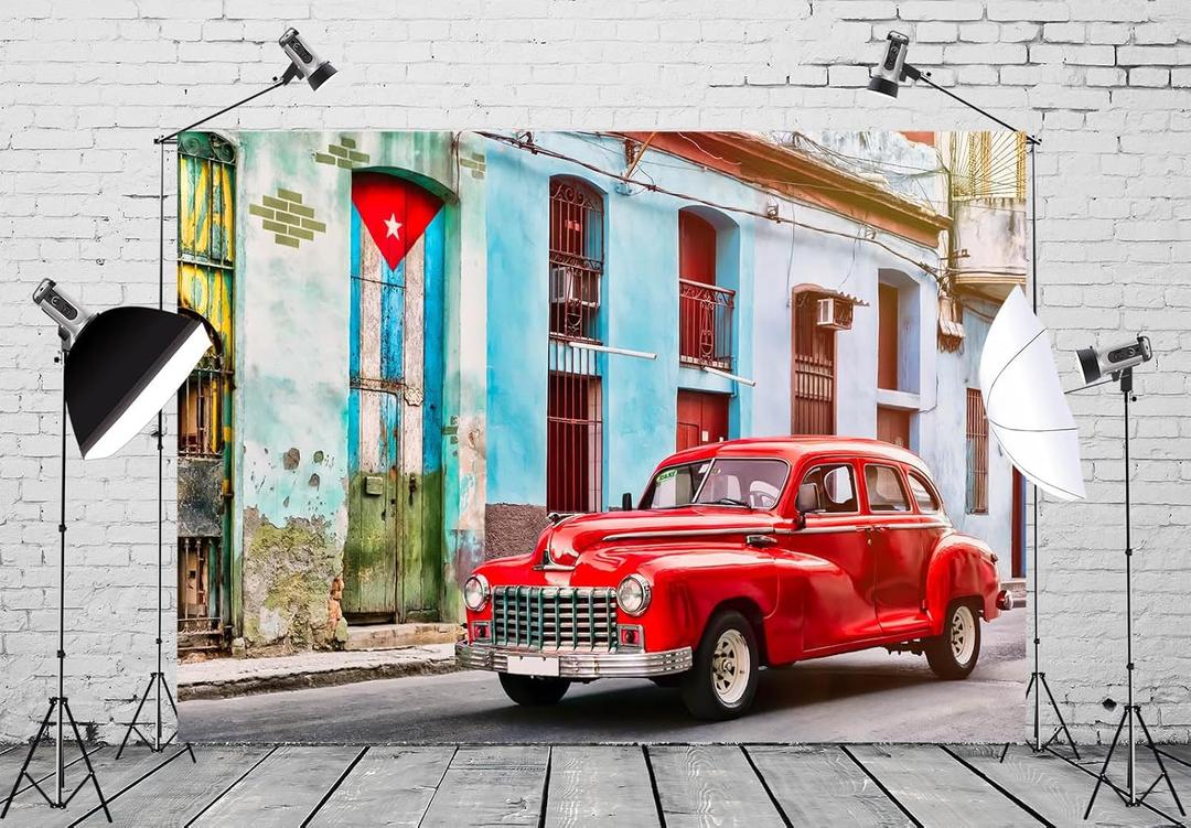 BELECO 10x8ft Fabric Vintage Street Red Car Backdrop Old Havana Cuba City Classic Car Old Building Cuban Background for Theme Party Decor Kids Adults Portrait Photo Studio Props