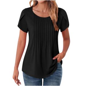 Petal Short Sleeve Top for Women Summer Casual Crew Neck Shirts Solid Dressy Blouse Pleated Tunics, Black 2XL