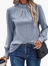 SKAYS Womens Eyelet Mock Neck Long Sleeve Shirts Top Blouses Dressy Casual Trendy Business Casual Stretch Hollow Out Tee Size S