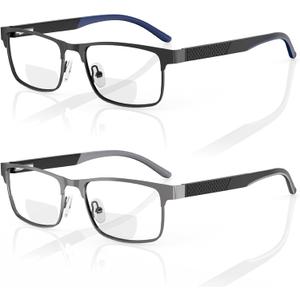 LianSan 2Pack Bifocal Reading Glasses - for Men Women,Top Clear Metal Frame Blue Light Computer Readers with Spring Hinge(Black&Grey Bifocal,2.0x)