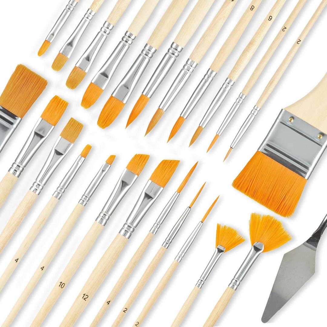 OOKU Acrylic Paint Brush Set Rocks for Painting Kits Oil Paint Set for Both Adults and Children 24pcs Nylon Hair Yellow Brush Handle