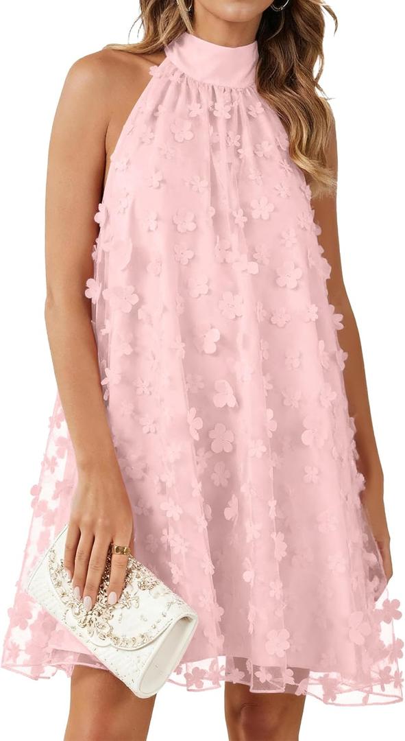 Gleeneat Womens Summer Halter Tulle Floral Bridal Shower Cocktail Wedding Guest Short Dresses A Line Sleeveless Mini Dress (L)
