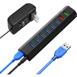 RAOYI Powered USB 3.0 Hub, 8 Ports High Speed USB 3.0 Hub Splitter with 36W Power Adapter, 3.3ft Cable and Smart Fast Charger USB Hub for Laptop, PC, Mobile HDD, Mulitple Devices (Black)