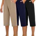 Huukeay 3 Pack Women's Capri Sweatpants Cozy Wide Legs Cropped Capri with Pockets Lounge Jogger Pants Workout Yoga Solid (XL)- Black, Navy Blue, Apricot