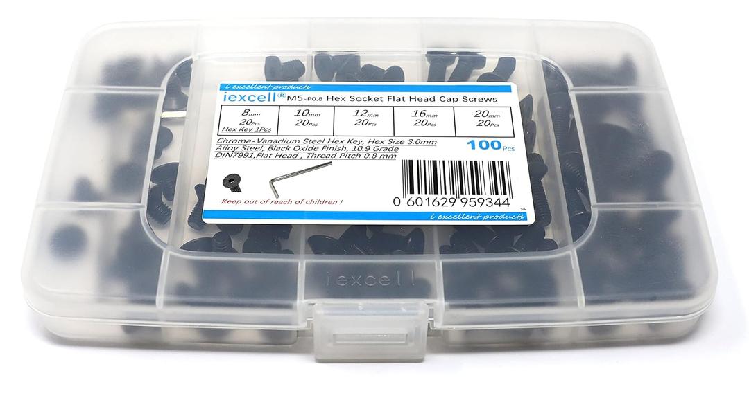 iexcell 100 Pcs M5 x 8/10/12/16/20 Alloy Steel 10.9 Grade Hex Socket Flat Head Cap Screws Bolts Assortment Kit, Black Oxide Finish