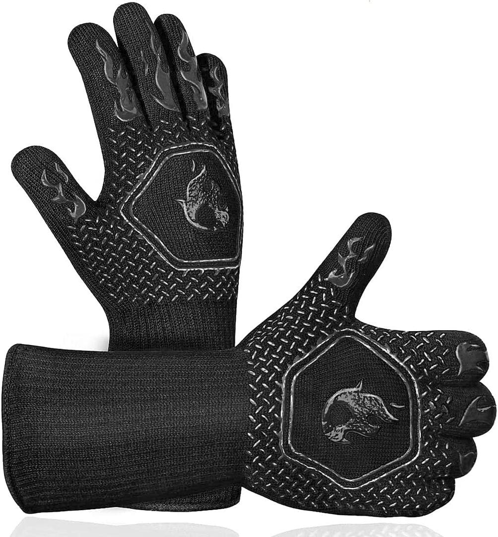 HAMITOR BBQ Grill Gloves Heat Resistant: 1472 High Temp Resistance Fireproof Glove for Grilling Smoking Barbecue - Washable Long Oven Mitts Extreme Hot Proof Mitts for Kitchen Cooking Baking (Black)