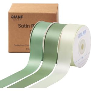QIANF Sage Green Double Face Satin Ribbon 1 Inch x 45 Yards Moss Green Cream Fabric Ribbon for Gift Wrapping, Flower Bouquets Bows Making, Wedding Decoration, Invitations, Christmas (3 Rolls *15Yd)