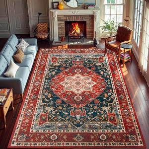 YJ.GWL Area Rugs for Living Room 8x10 Machine Washable Rugs, Non Slip Floral Vintage Rug Indoor Carpet, Stain Resistant Large Rug for Bedroom Dining Room, Orange-Red