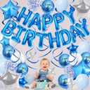 Blue Birthday Decorations, 3D Foil Blue Happy Birthday Balloon Banner with Star Balloons, Confetti Balloons, Hanging Swirls, for Boys Girls Men Women Party Decorations