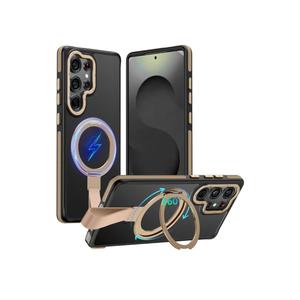 TIANNIUKE for Samsung Galaxy S25 Ultra Case 360°Rotatable Magnetic Ring Holder Stand with Silicone Strap, Fit for MagSafe Mil-Grade Shockproof Translucent Matte Phone Cases for S25 Ultra (Desert Gold)